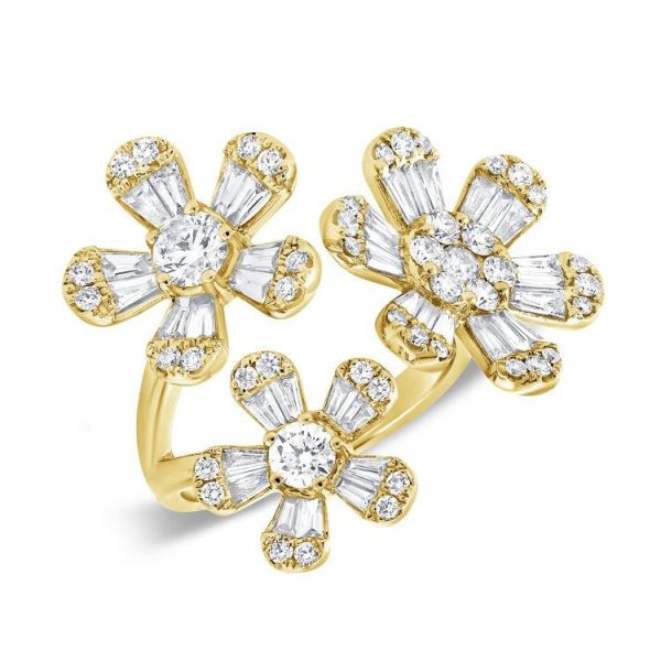 14k 3 Flower Ring, 38 Baguette 1.38Ct Diamond, 47 Round 1.18Ct Diamond, available in White, Rose and Yellow Gold Supply