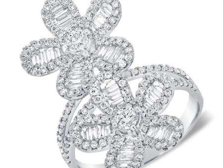 14k White Gold 1.51 Ct Baguette and Round Diamond Two Flower Ring Online Sale