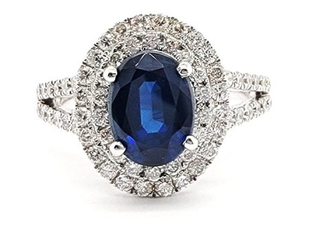 14k White Gold 1.63 Ct Sapphire, 0.68 Ct Diamond Double Halo Ring For Sale