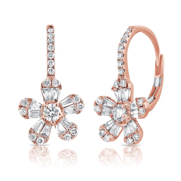 14K Gold 0.44Ct Baguette, 0.41Ct Round Diamond Flower Earring, available in White, Rose and Yellow Gold on Sale