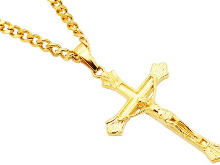 Men s Gold Stainless Steel Crucifix Cross Pendant Necklace With 24 Inch Curb Chain For Cheap