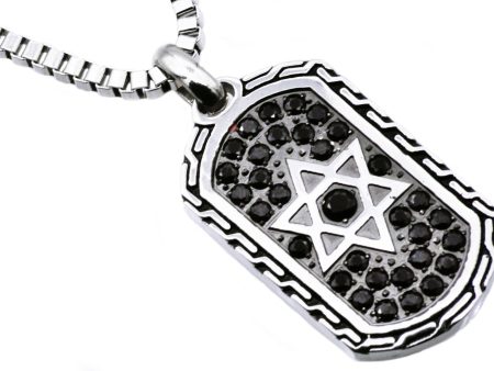 Men s Black Stainless Steel Star Of David Dog Tag Pendant Necklace With Black Cubic Zirconia For Cheap