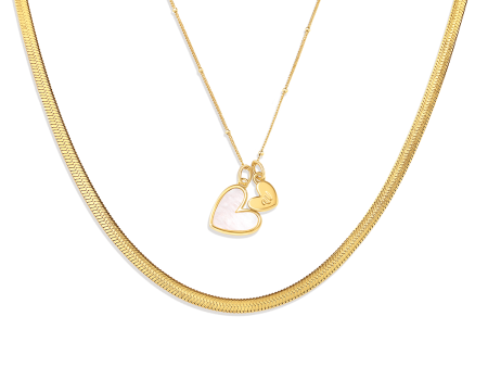 Mother Of Pearl Initial Heart & Herringbone Necklace Set Online now