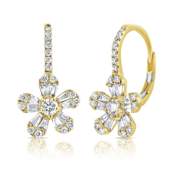 14K Gold 0.44Ct Baguette, 0.41Ct Round Diamond Flower Earring, available in White, Rose and Yellow Gold on Sale