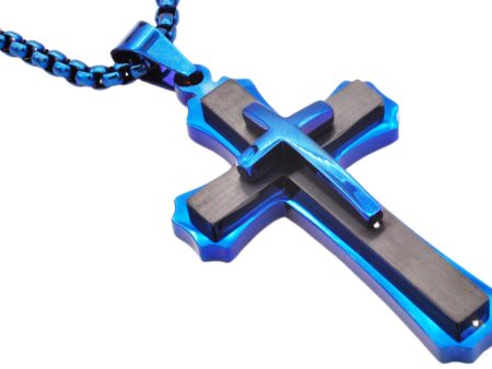 Men s Black And Blue Plated Stainless Steel Cross Pendant Necklace Discount