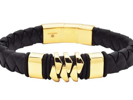 Men s Genuine Gold Plated Leather Black Stainless Steel Bracelet Sale