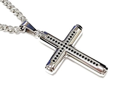 Men s Stainless Steel Cross Pendant Necklace With 24 Inch Curb Chain Black Cubic Zirconia Hot on Sale