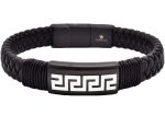 Men s Black Leather Greek Key Stainless Steel Bracelet For Cheap