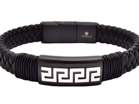 Men s Black Leather Greek Key Stainless Steel Bracelet For Cheap