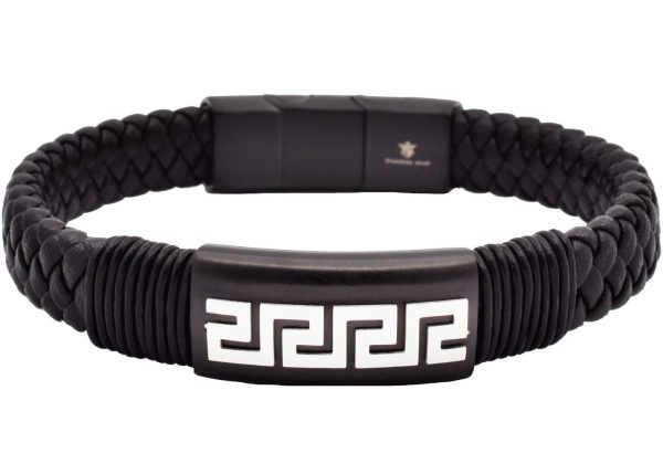 Men s Black Leather Greek Key Stainless Steel Bracelet For Cheap